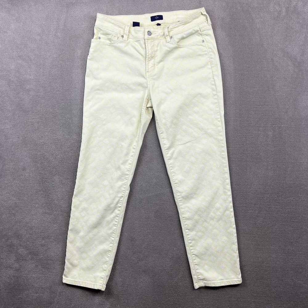 NYDJ Size 8 Ankle Pants Yellow Geometric Diamond Print Lift Tuck Slim Trousers